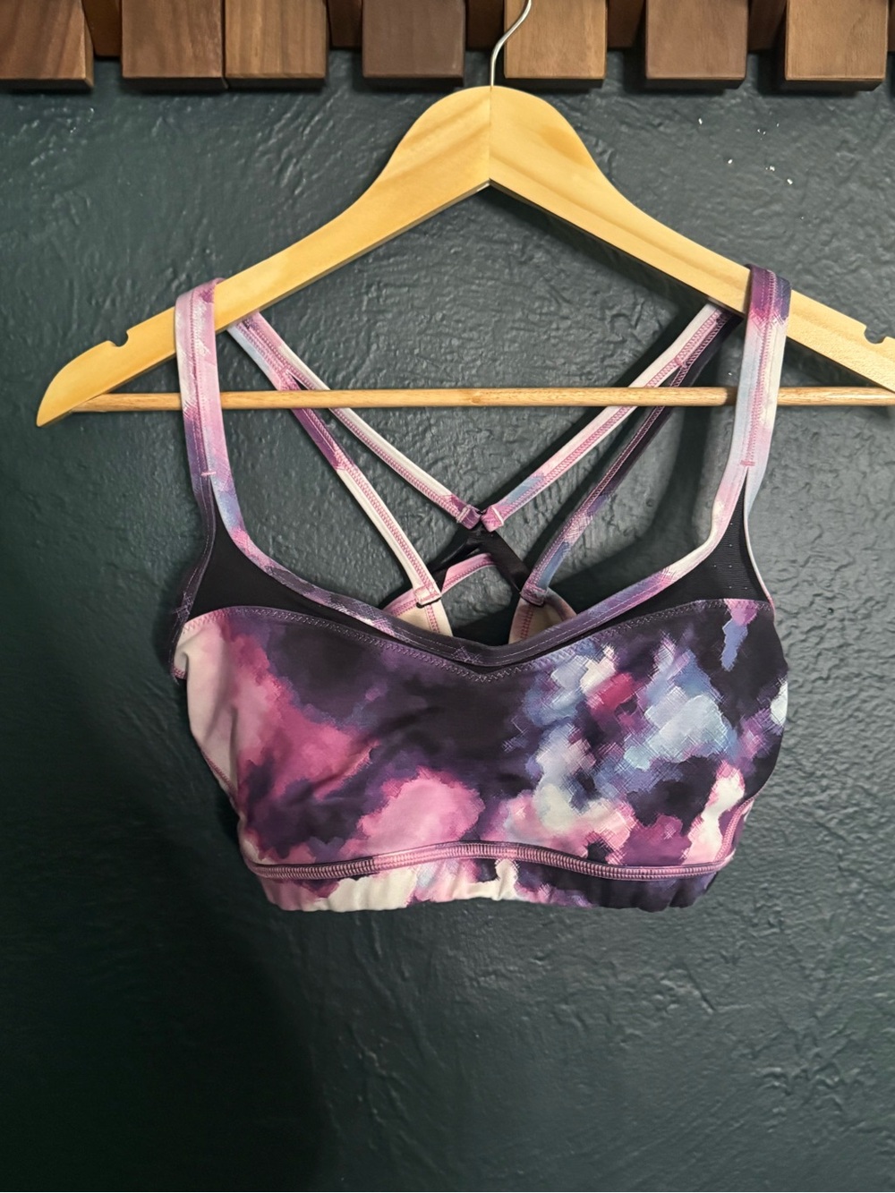 lululemon pink & purple watercolor strappy sports bra and yoga pants set